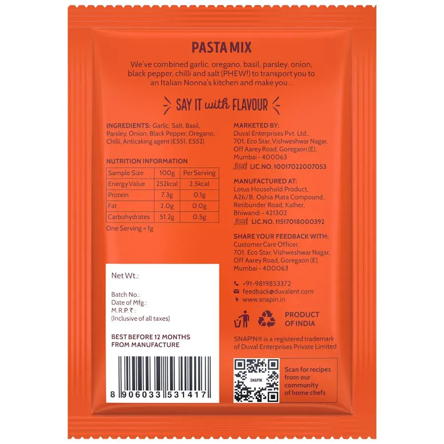 Snapin Seasoning - Pasta Mix Back Side Package - 8 gm