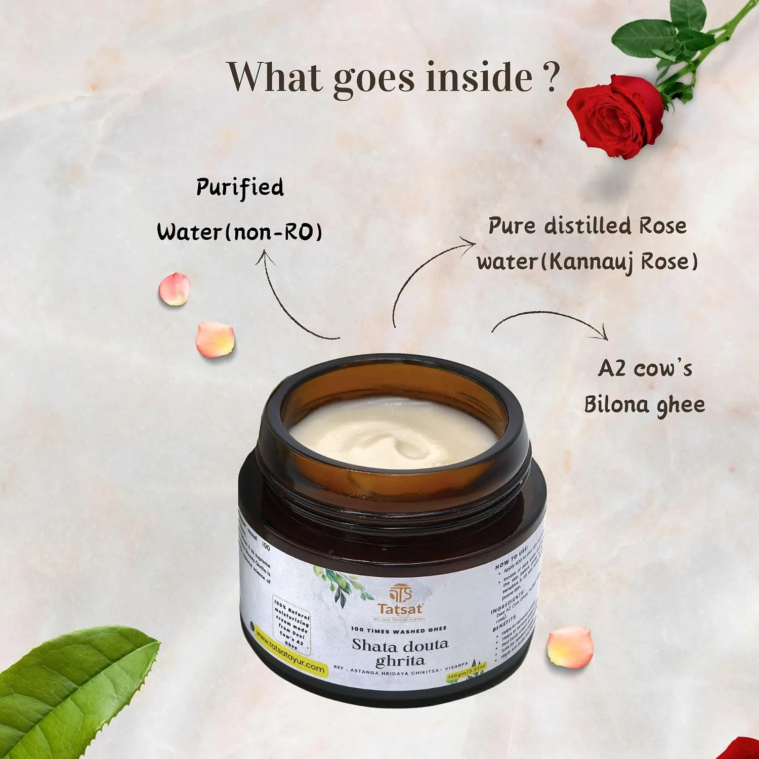 Tatsat Shata Dhauta Ghrita | 100 Times Washed Desi Cow A2 Ghee Moisturizing Cream | Infused with Rose Absolute Oil-4