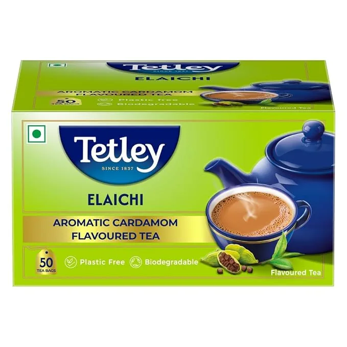 Tetley Elaichi Flavoured Chai | Cardamom Infused Assam Black Tea | Staple-Free Tea Bags 100 gm (50 Bags x 2 g each)