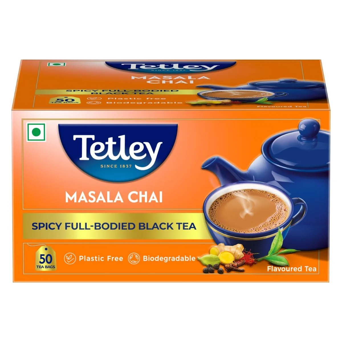 Tetley Masala Chai With Natural Flavour Black Tea Bags | Spiced Assam Blend | Biodegradable Tea Bags 100 gm (50 Bags x 2 gm each)