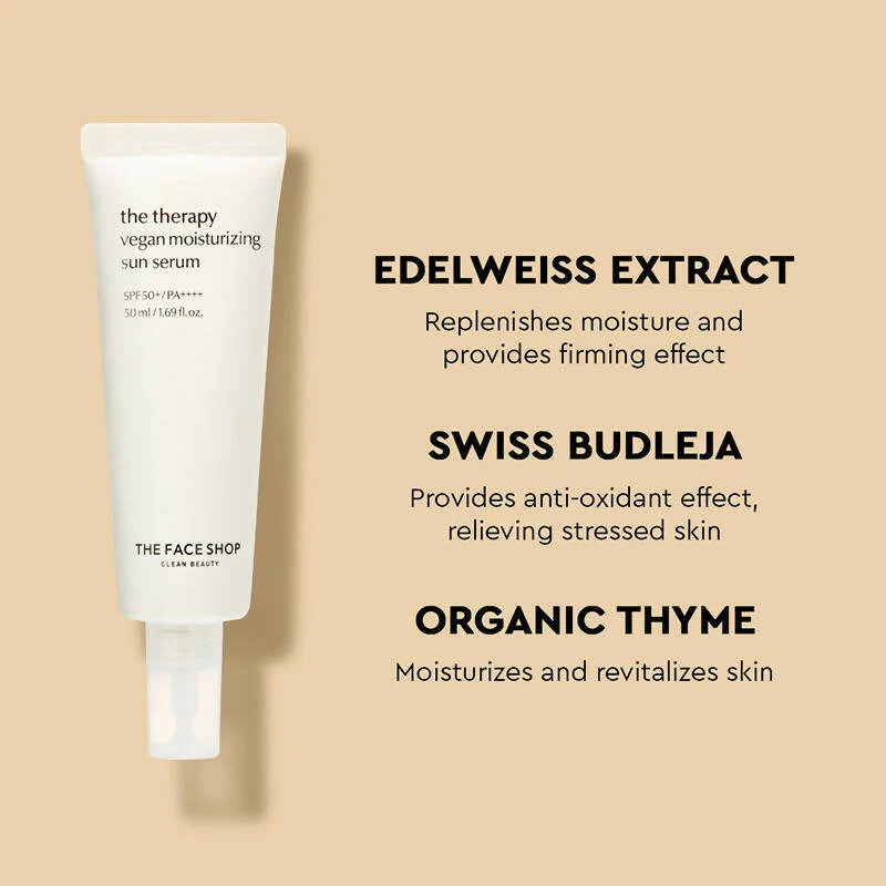 The Face Shop The Therapy Vegan Moisturizing Sun Serum SPF 50+ | Lightweight Korean Sunscreen Serum | Broad Spectrum UV Protection & Hydration-4