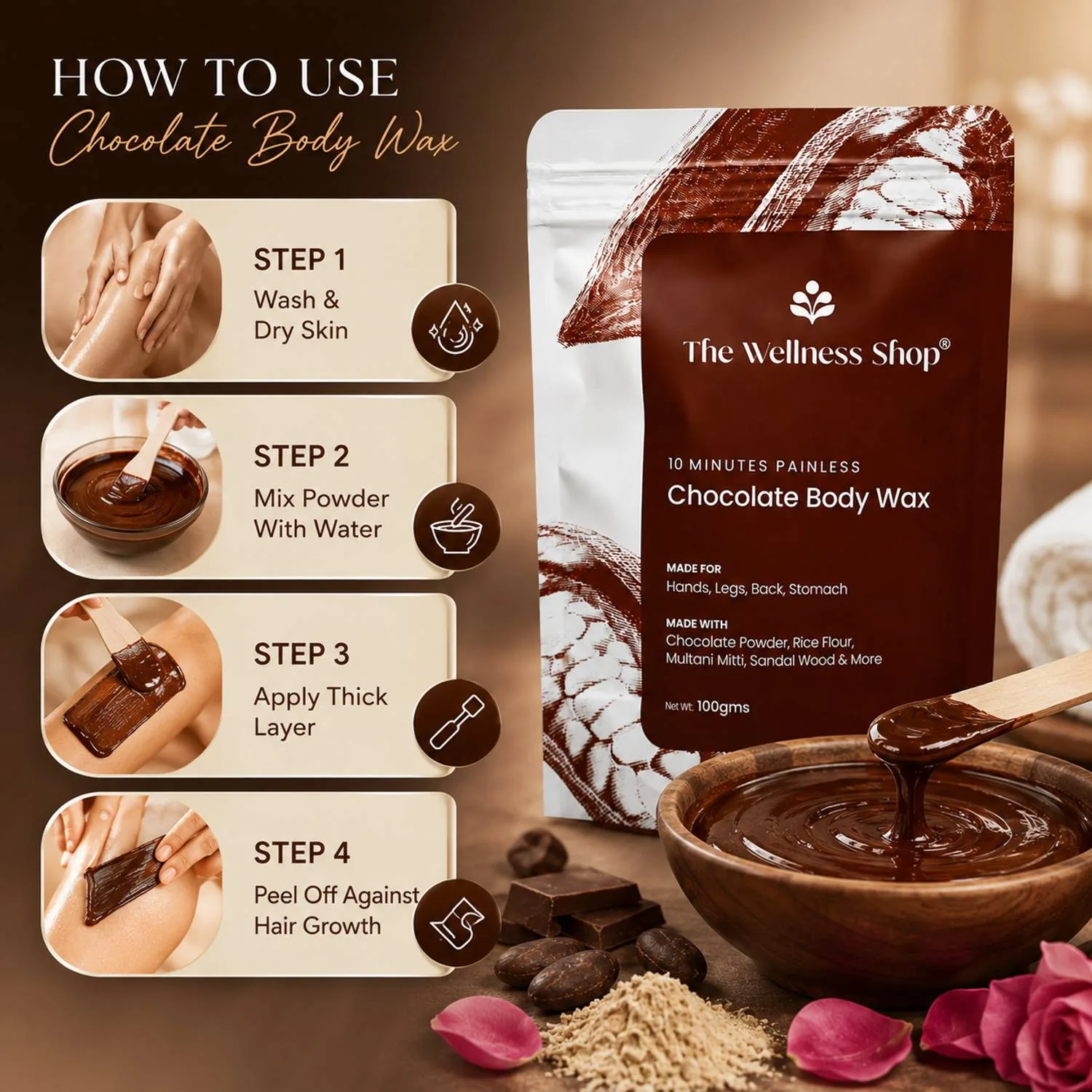 The Wellness Shop Chocolate Hair Removal Powder | Painless Waxing Powder | Smooth and Nourished Skin-4