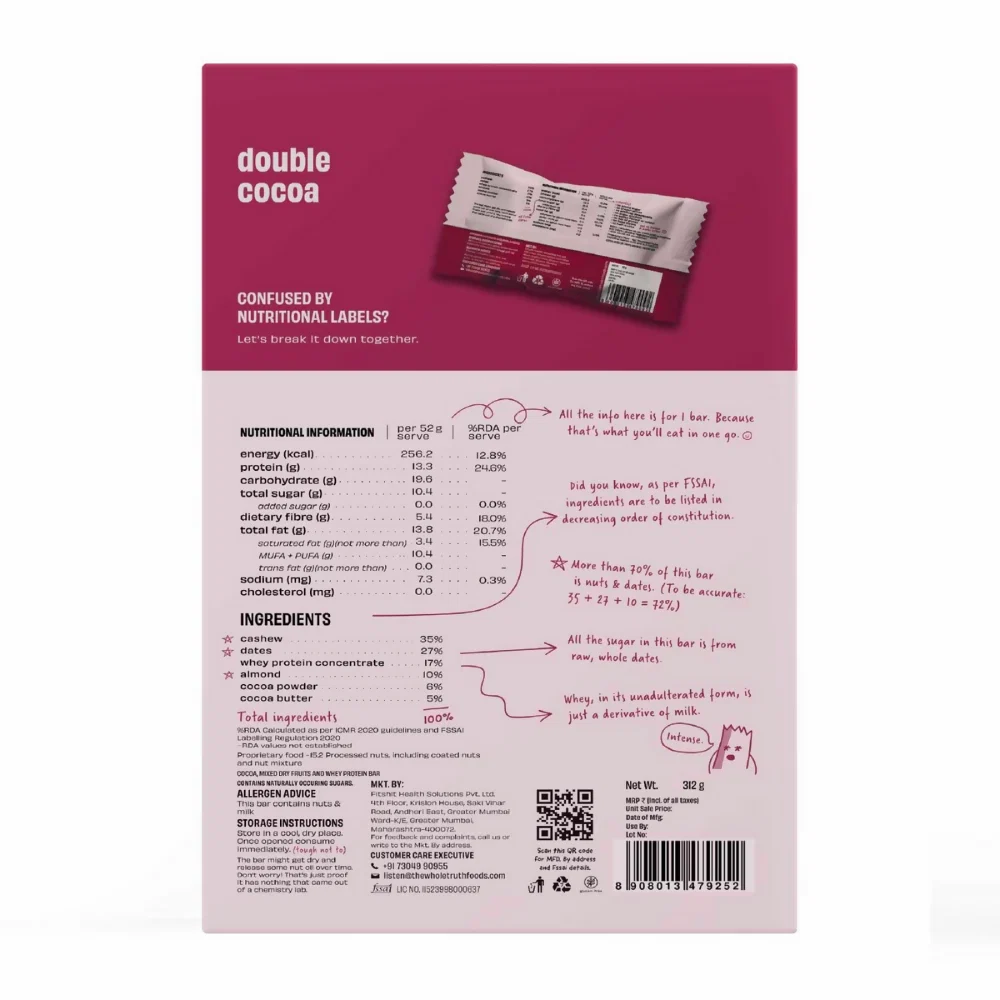 The Whole Truth Protein Bars - Double Cocoa | Clean Whey Protein Snack | No Added Sugar & Preservatives-4