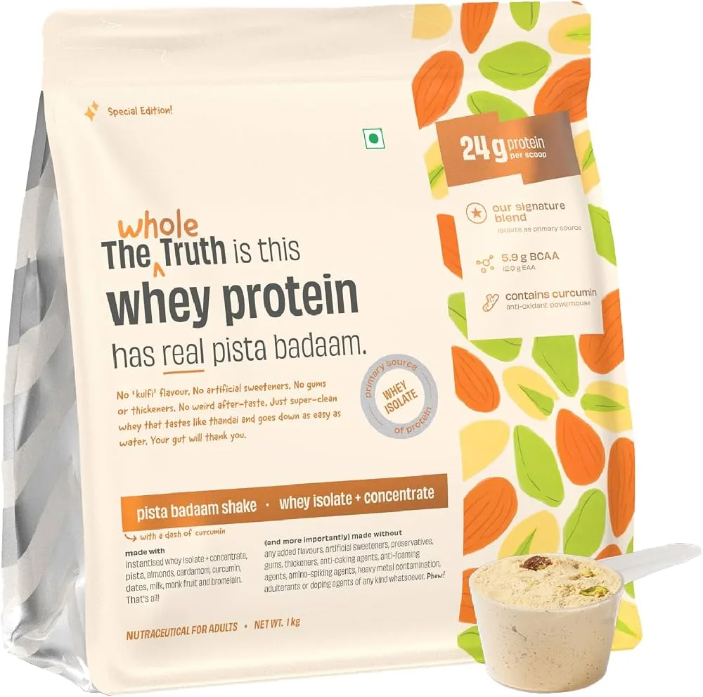 The Whole Truth Whey Protein Isolate+Concentrate - Pista Badaam Shake | Clean Digestible Protein Powder The Whole Truth Whey Protein Isolate+Concentrate - Pista Badaam Shake | Clean Digestible Protein Powder - 1 kg