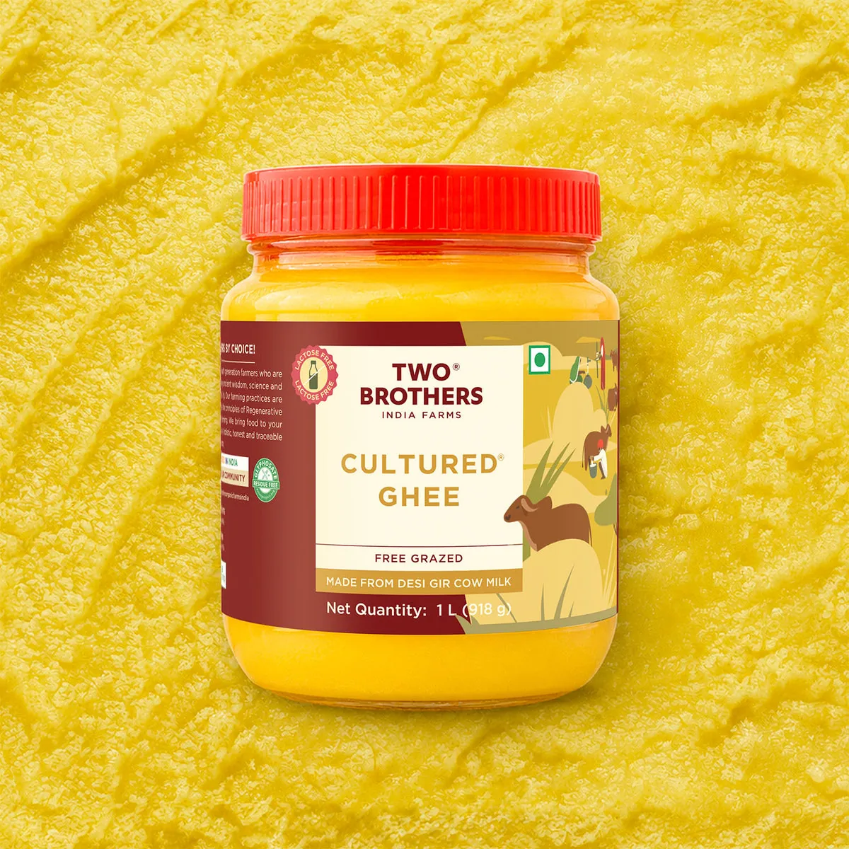 Two Brothers Organic Farms A2 Gir Cow Cultured Ghee | Curd-Churned Bilona Ghee | Certified Glyphosate-Free