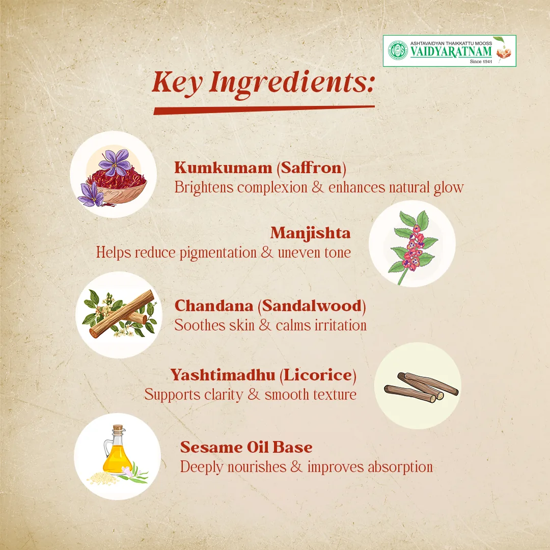 Vaidyaratnam Kunkumadi Tailam | Ayurvedic Facial Oil | Natural Glow and Skin Clarifying Formula-3