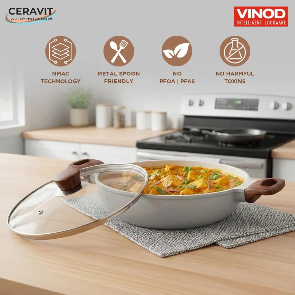 Vinod Ceravit Ceramic Non Stick Deep Kadai with Glass Lid – 24 cm, 2.4 Ltr-2