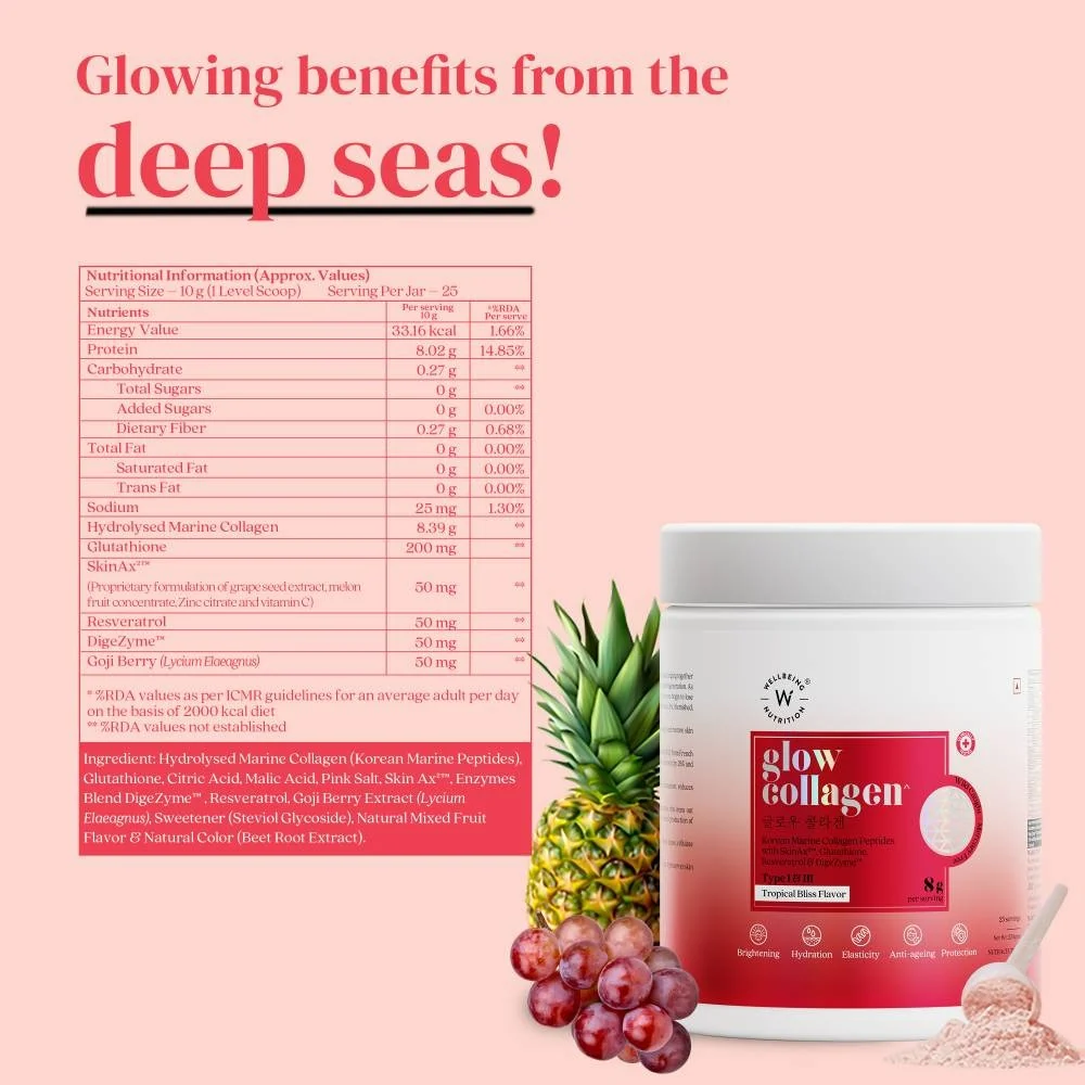 Wellbeing Nutrition Glow Korean Marine Collagen Peptides - Tropical Bliss Flavor | Hydrolyzed Collagen Powder | Skin Nourishment & Hydration-3