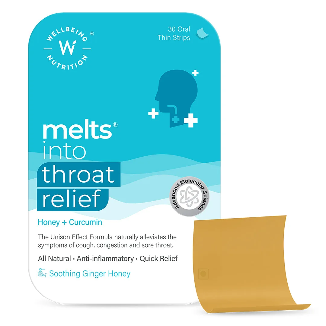 Wellbeing Nutrition Melts Instant Throat Relief Oral Strips | Herbal Sore Throat Relief | Ginger Lemon Honey Flavor 30 strips