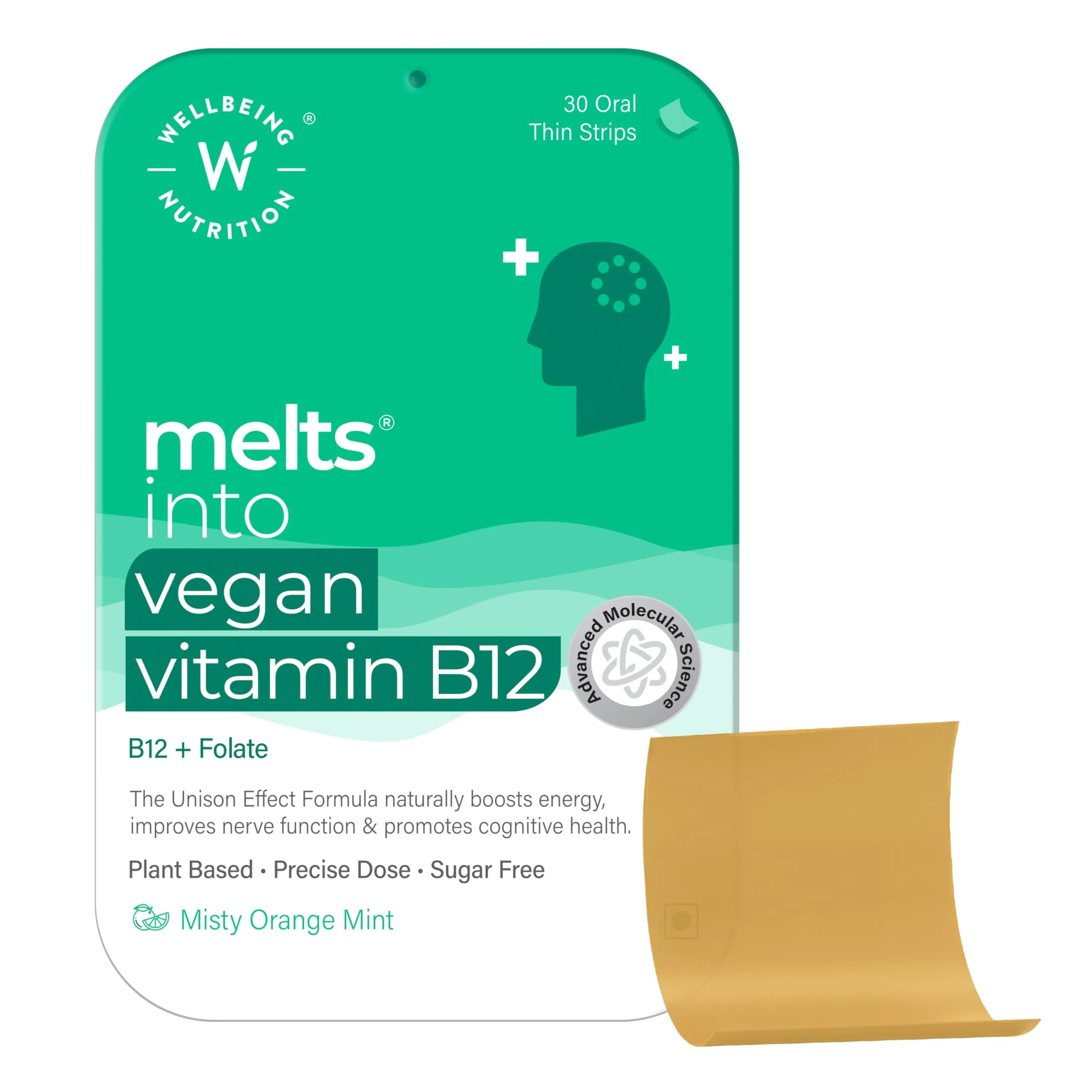 Wellbeing Nutrition Melts Vegan Vitamin B12 Thin Strips Misty Orange Mint Flavor