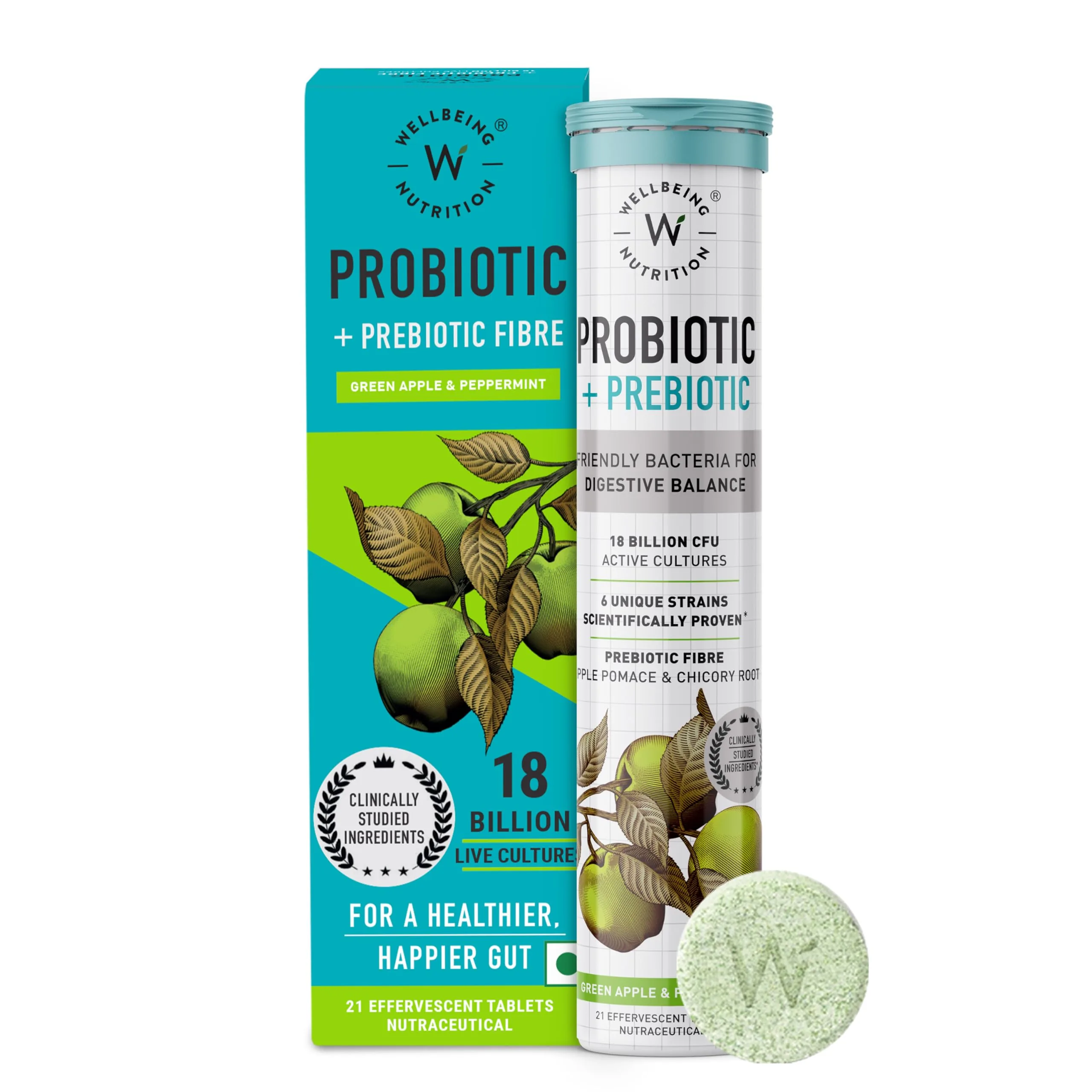 Wellbeing Nutrition Probiotic + Prebiotic Effervescent Tablets | Gut Health Supplement | Green Apple & Mint Flavor 21 Tablets