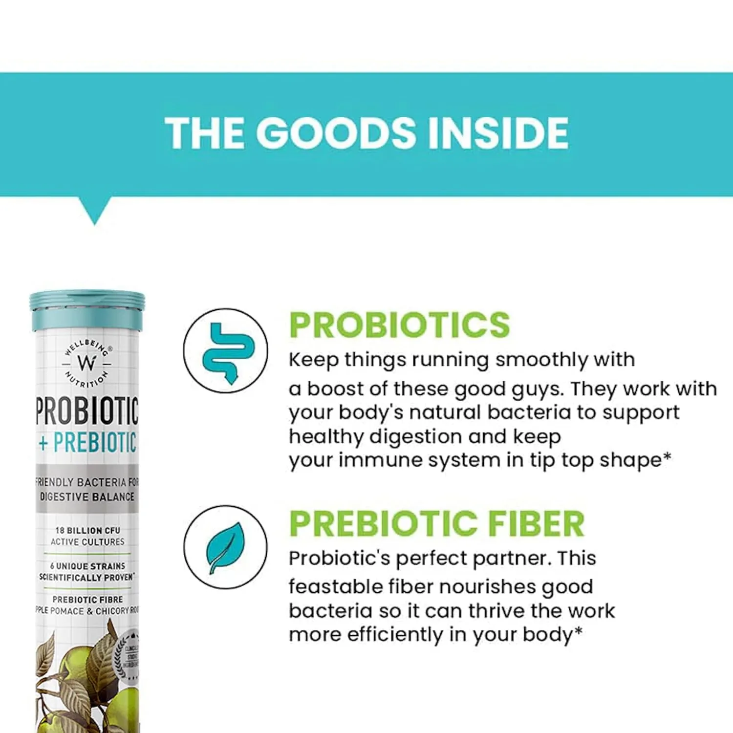 Wellbeing Nutrition Probiotic + Prebiotic Effervescent Tablets | Gut Health Supplement | Green Apple & Mint Flavor-4