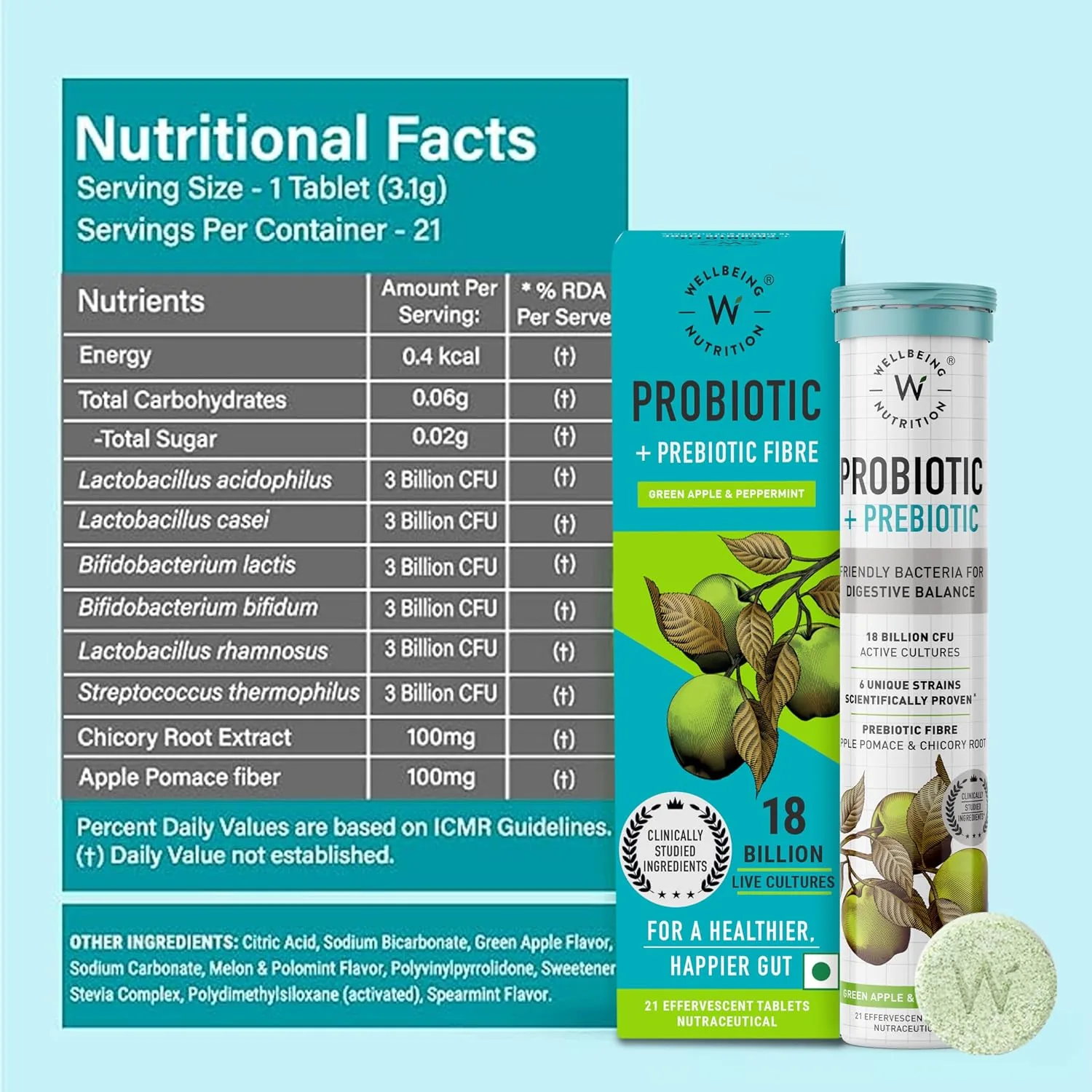 Wellbeing Nutrition Probiotic + Prebiotic Effervescent Tablets | Gut Health Supplement | Green Apple & Mint Flavor-6