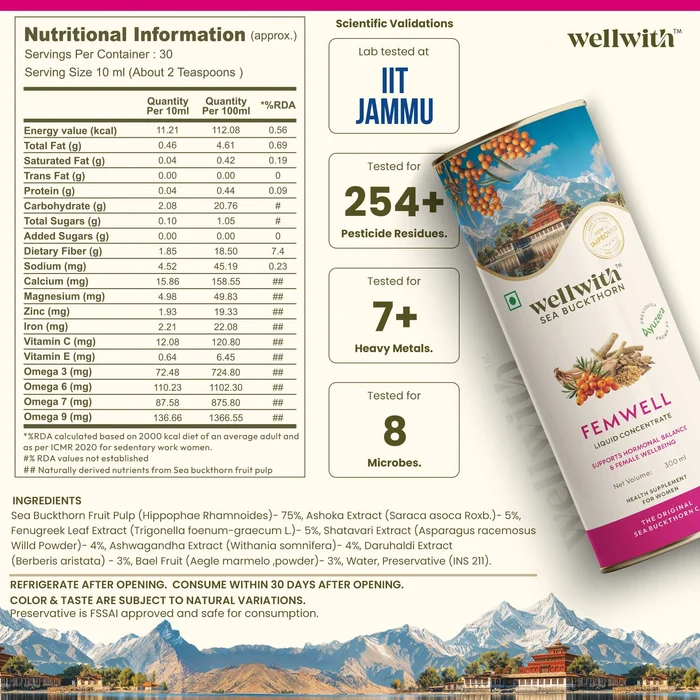 Wellwith Sea Buckthorn Femwin (Femwell) Ayurvedic Juice | Vegan Omega-7 Wellness Drink | Traditional Ayurvedic Formula for Women-2