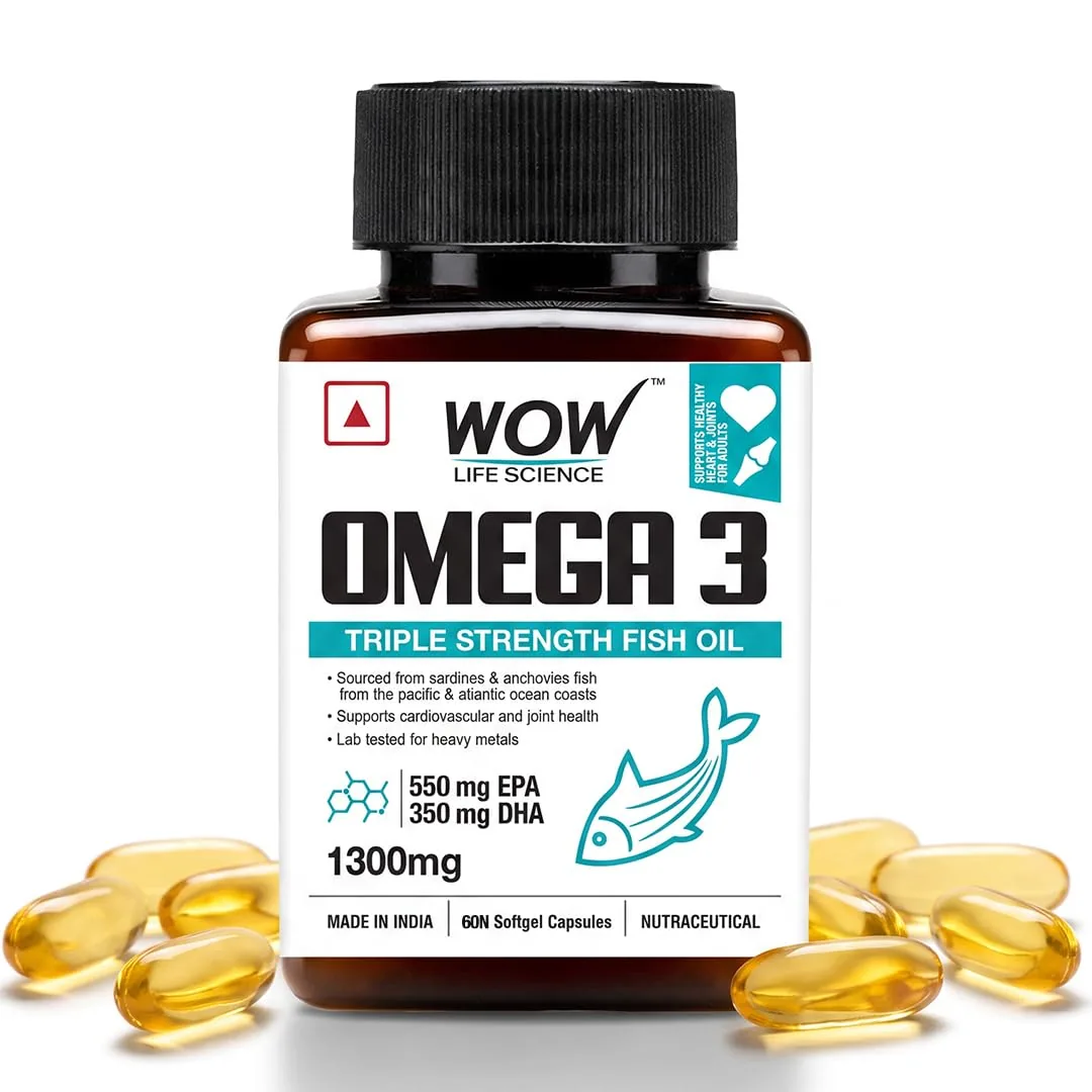 Wow Life Science Omega 3 Capsules | Triple Strength Fish Oil Softgels | Heart, Joint & Cognitive Support 60 Capsules